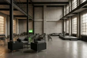 Montaje de un evento de lanzamiento de producto en un espacio industrial