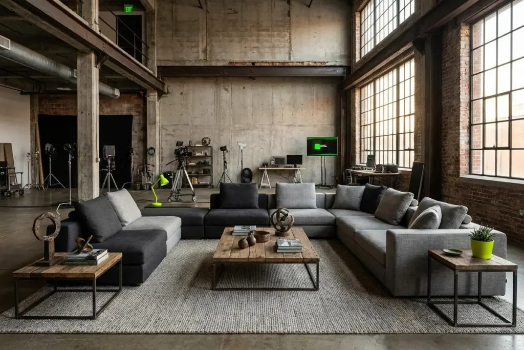 Set de rodaje ambientado con mobiliario vintage en un loft industrial