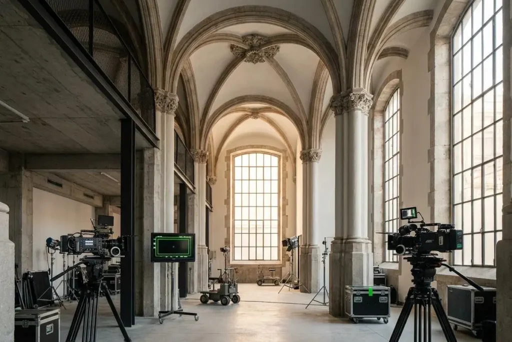 Techos artesonados de un edificio histórico usado como set de producción