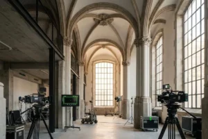 Techos artesonados de un edificio histórico usado como set de producción