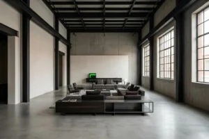 Showroom interactivo montado en un espacio industrial con prensa asistiendo