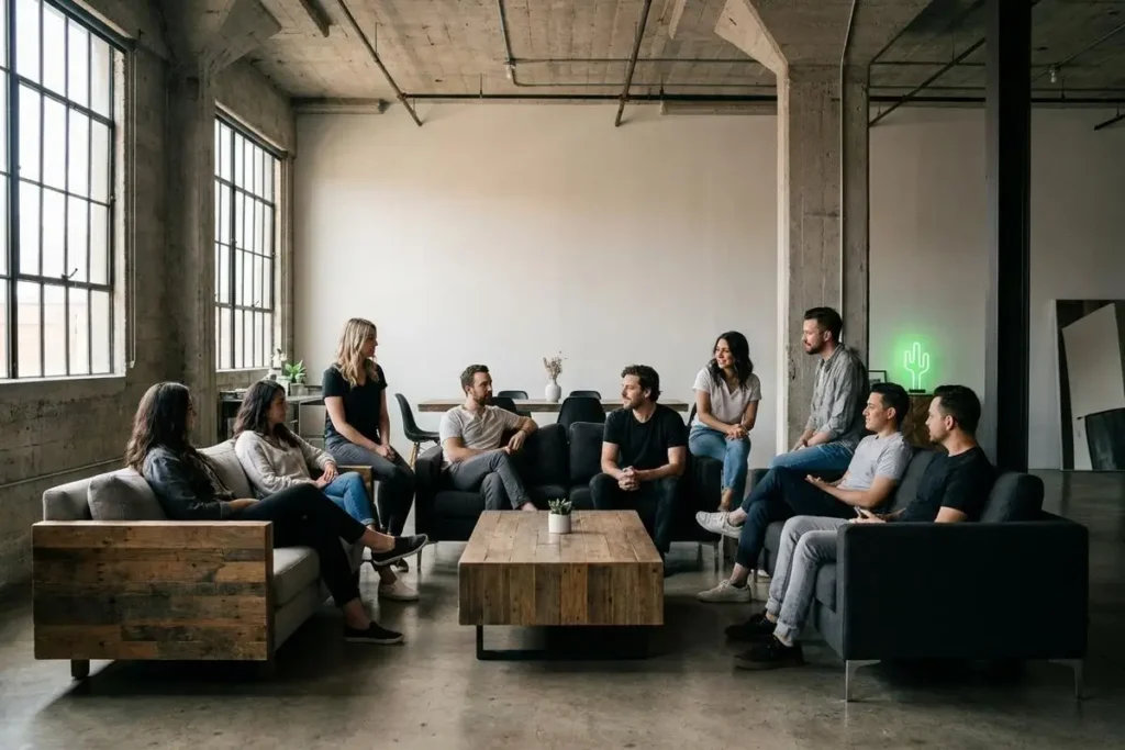 Grupo de trabajadores participando en una dinámica de equipo en un loft